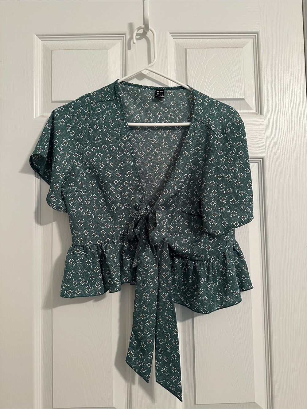SHEIN Teal Floral Tie-Front Ruffle Blouse